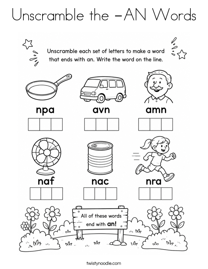 Unscramble the -AN Words Coloring Page