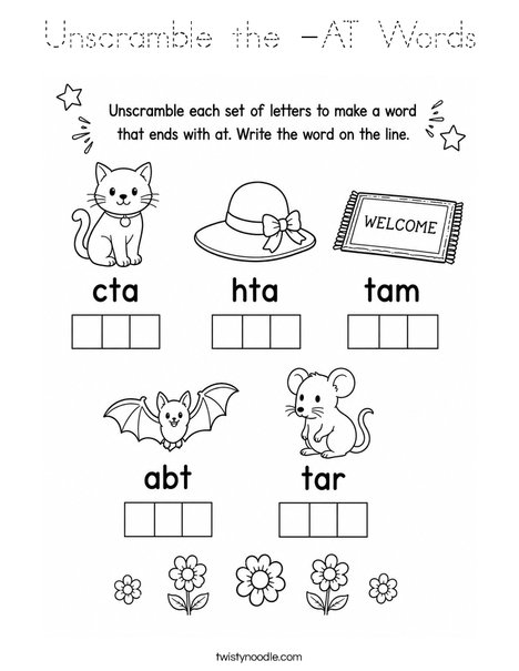 Unscramble the -AT Words Coloring Page