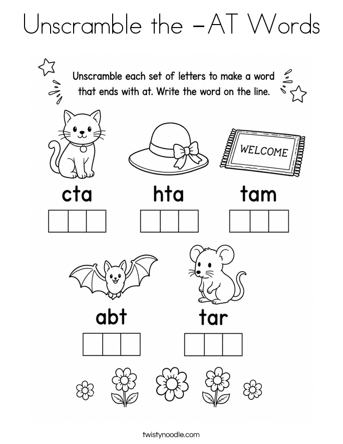 Unscramble the -AT Words Coloring Page