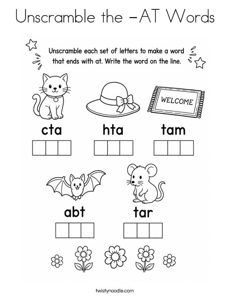 Unscramble the -AT Words Coloring Page