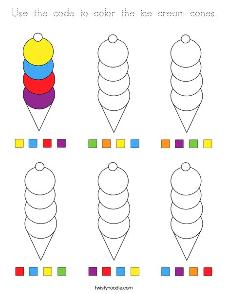 Use the code to color the ice cream cones. Coloring Page