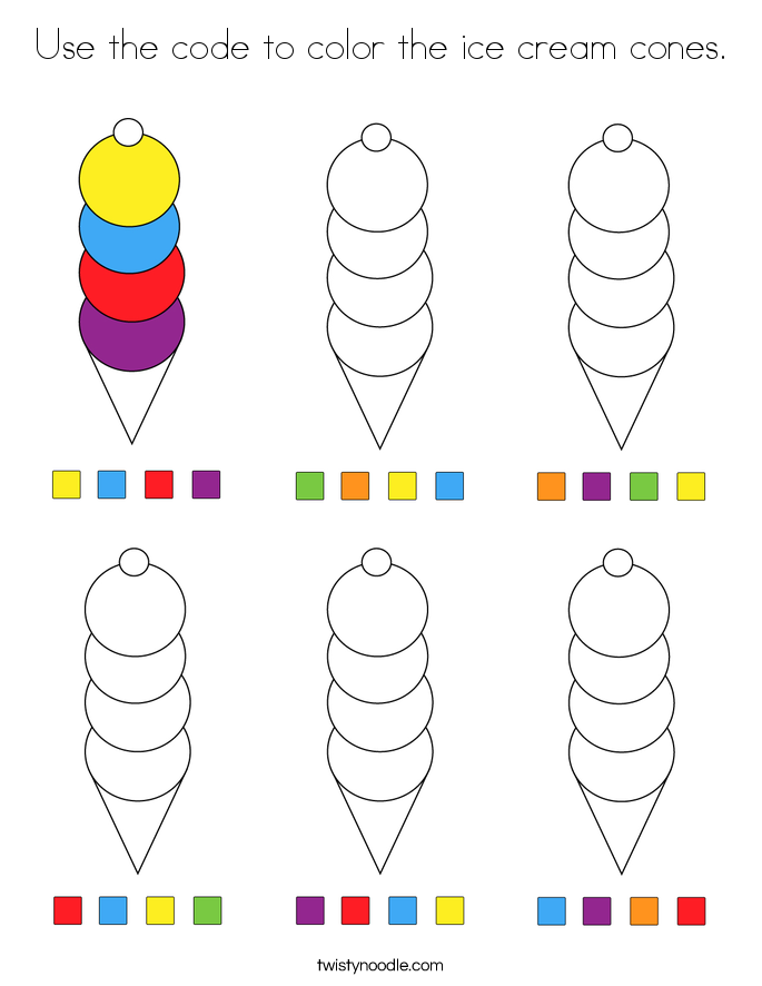 Use the code to color the ice cream cones. Coloring Page