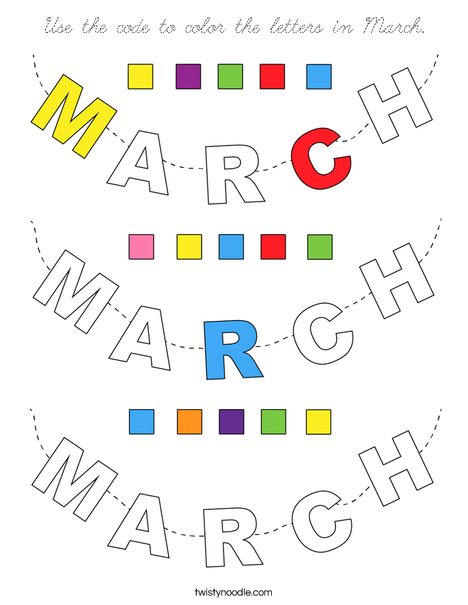 Use the code to color the letters in March. Coloring Page