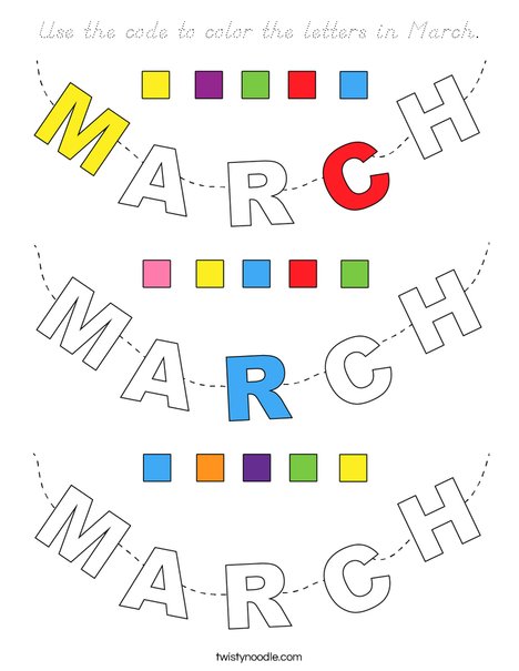 Use the code to color the letters in March. Coloring Page