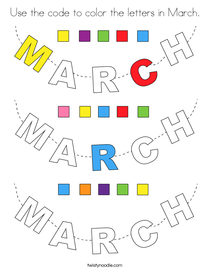 Use the code to color the letters in March. Coloring Page