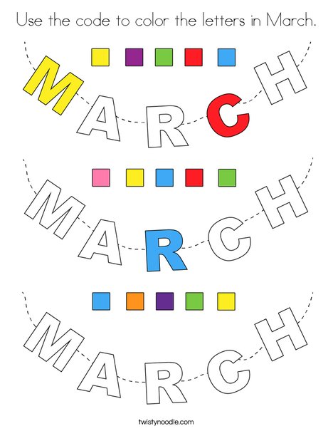 Use the code to color the letters in March. Coloring Page