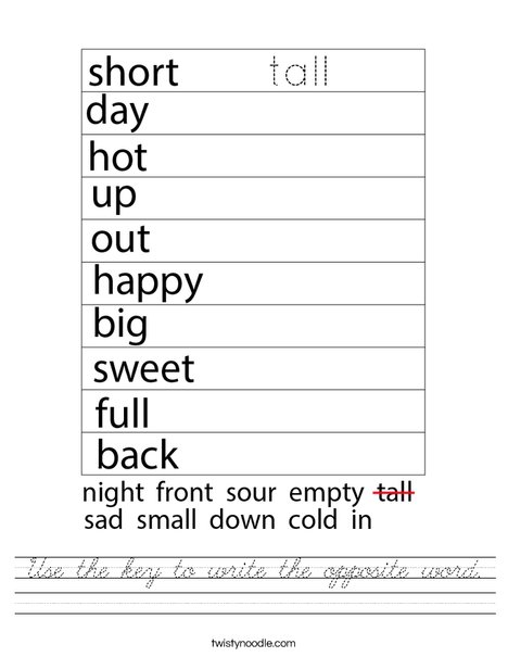Use the key to write the opposite word. Worksheet