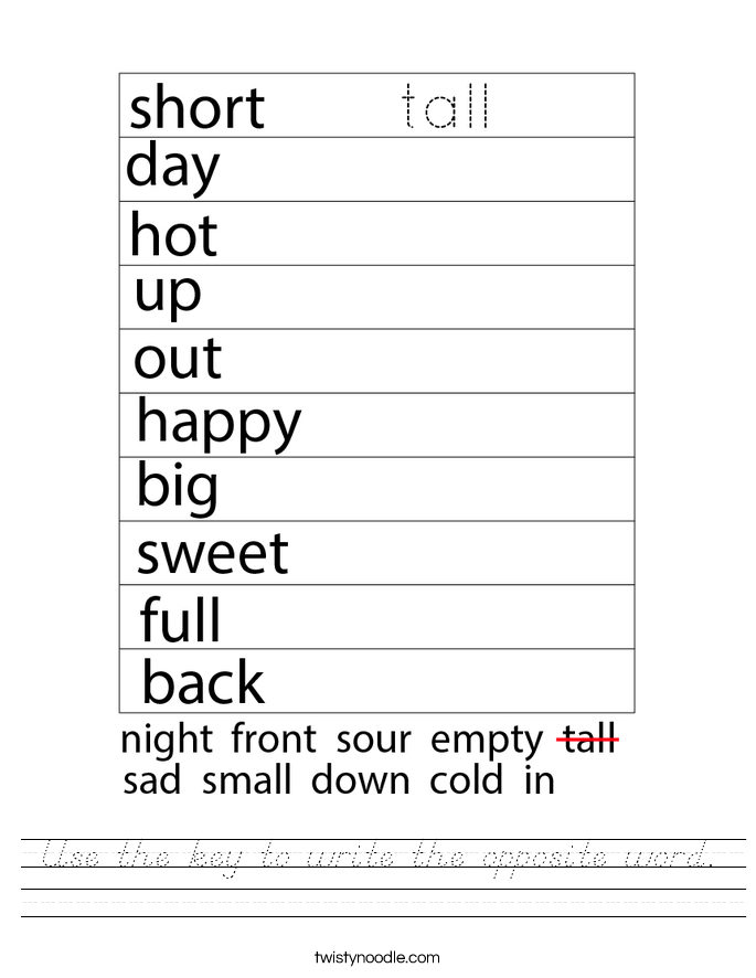 Use the key to write the opposite word. Worksheet