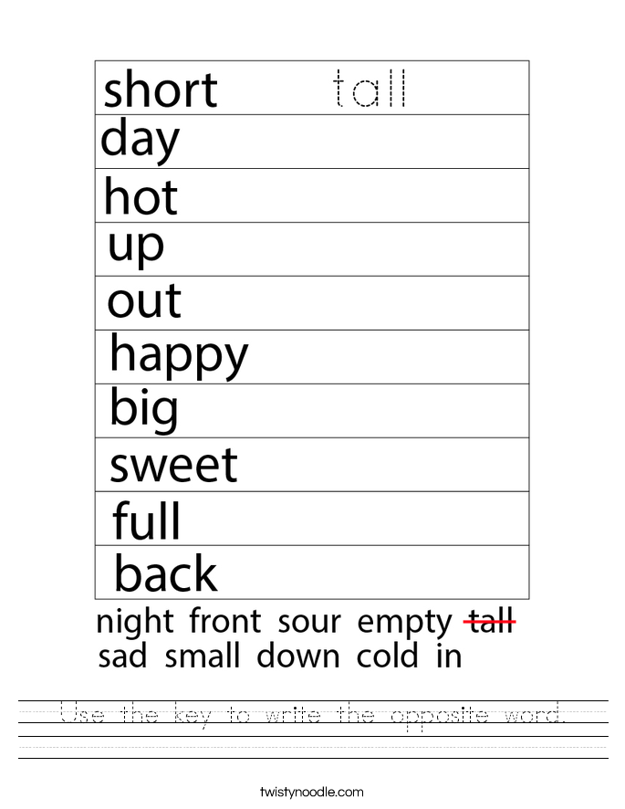 Use the key to write the opposite word. Worksheet