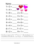 Valentine's Day Addition Handwriting Sheet