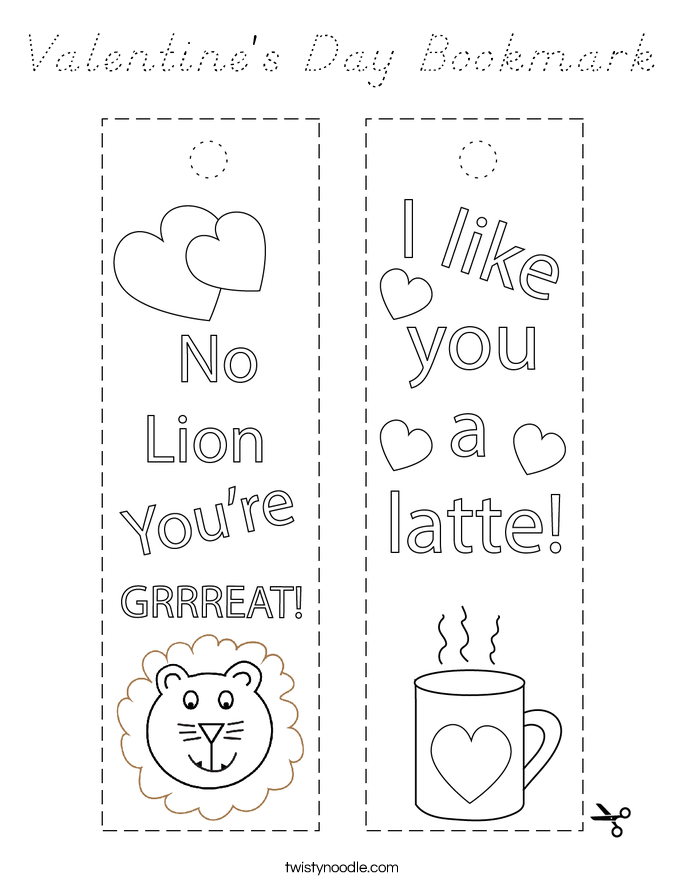 Valentine's Day Bookmark Coloring Page - D'Nealian - Twisty Noodle