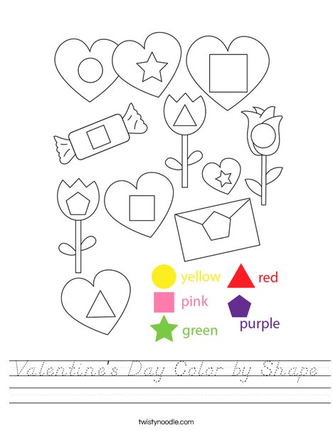 Valentine's Day Color by Shape Worksheet