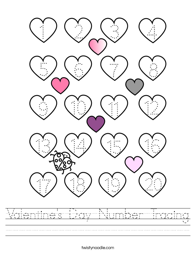 Valentine's Day Number Tracing Worksheet