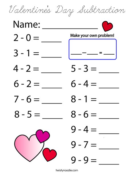 Valentine's Day Subtraction Coloring Page