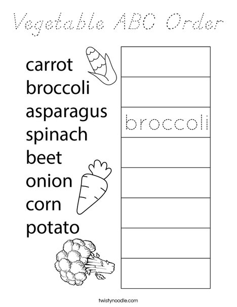 Vegetable ABC Order Coloring Page
