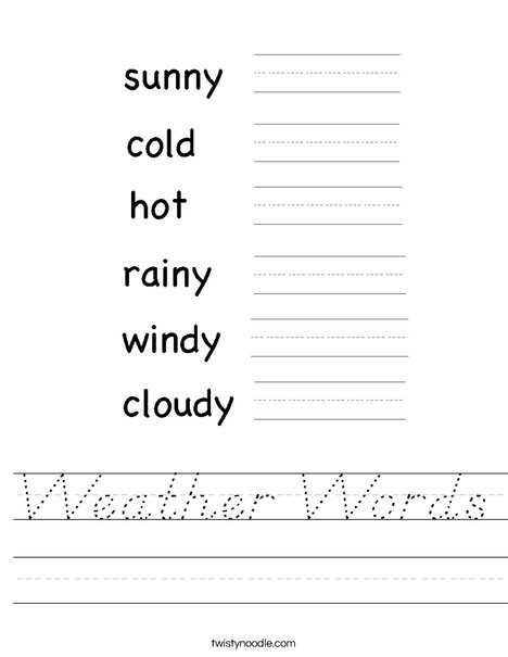 Weather Words Worksheet - D'Nealian - Twisty Noodle