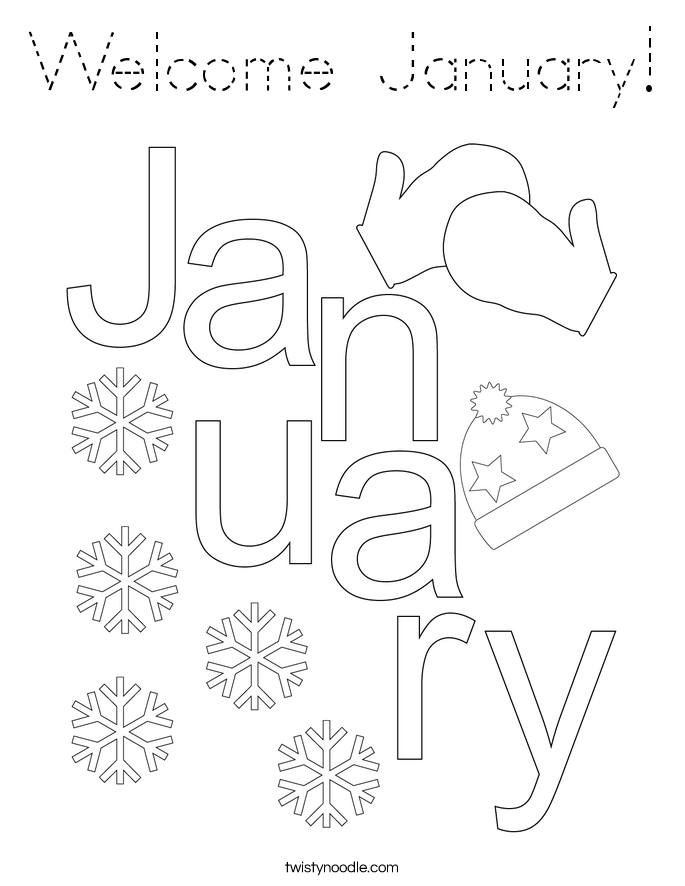 Welcome January Coloring Page - Tracing - Twisty Noodle