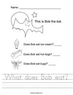 What does Bob eat Handwriting Sheet
