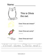 What does Olivia eat Handwriting Sheet