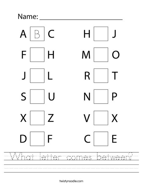 What letter comes between? Worksheet