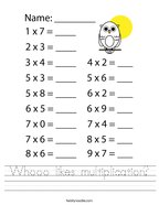 Whooo likes multiplication Handwriting Sheet