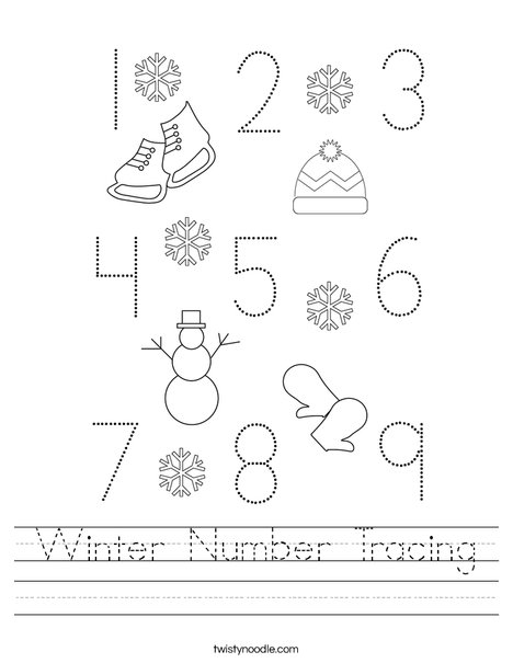 Winter Number Tracing Worksheet - Twisty Noodle Winter Number Tracing Worksheet - Twisty Noodle