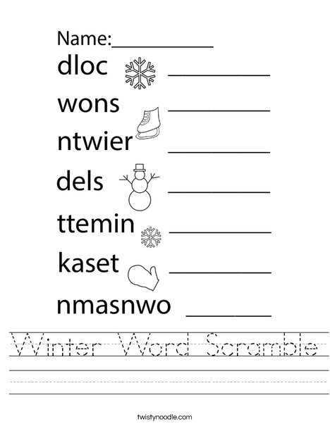 Winter Word Scramble Worksheet Twisty Noodle