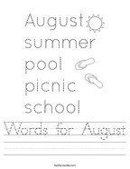 Words for August Handwriting Sheet
