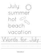 Words for July Handwriting Sheet