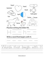 Words that begin with H Handwriting Sheet