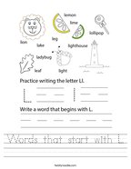 Words that start with L Handwriting Sheet