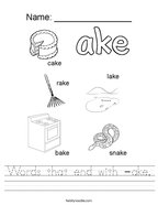 Words that end with -ake Handwriting Sheet