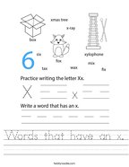Words that have an x Handwriting Sheet