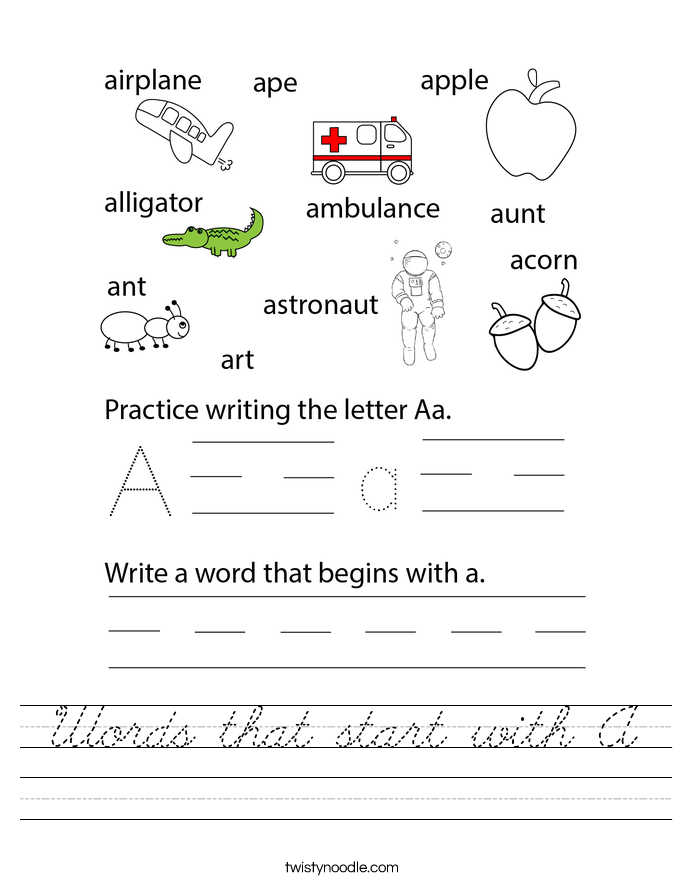 Words that start with A Worksheet