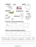 Words that start with A Handwriting Sheet