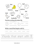 Words that start with B Handwriting Sheet