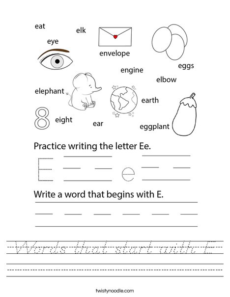 Words that start with E. Worksheet