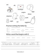 Words that start with E Handwriting Sheet