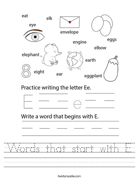 Words that start with E Worksheet - Twisty Noodle