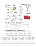 Words that start with F Handwriting Sheet