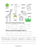Words that start with G Handwriting Sheet