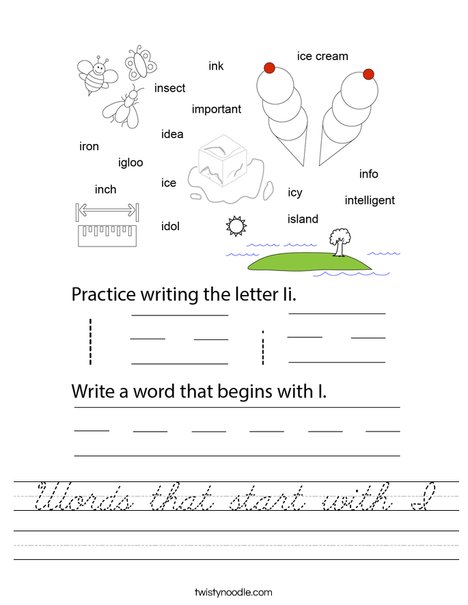 Words that start with I. Worksheet