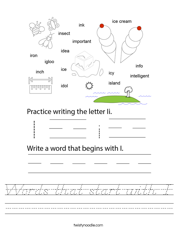 Words that start with I Worksheet
