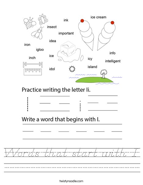 Words that start with I. Worksheet