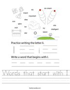 Words that start with I Handwriting Sheet
