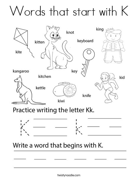 Words that start with K Coloring Page Twisty Noodle