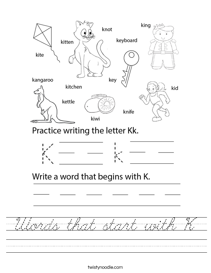 Words that start with K Worksheet