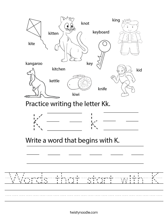 Words that start with K Worksheet