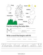 Words that start with M Handwriting Sheet