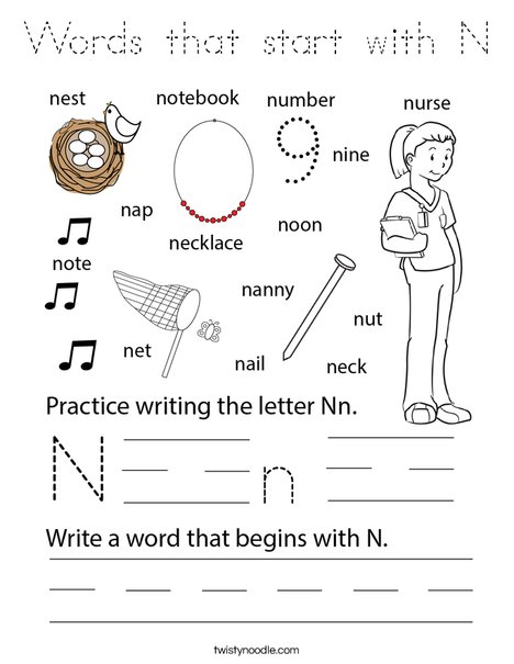 Words that start with N Coloring Page